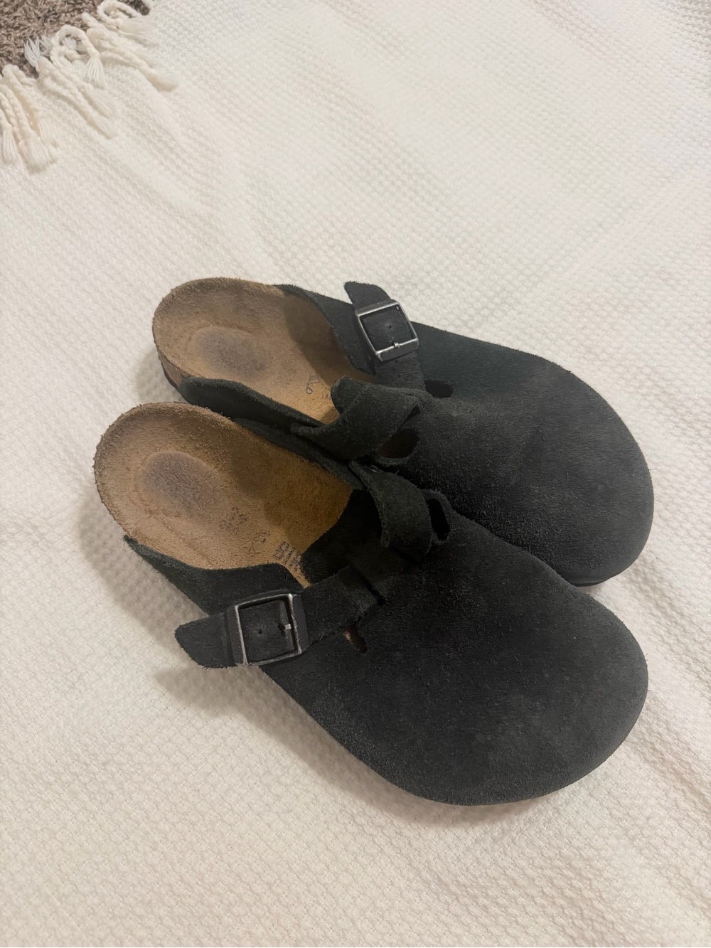 Birkenstock Black Suede Boston Clogs with Buckle